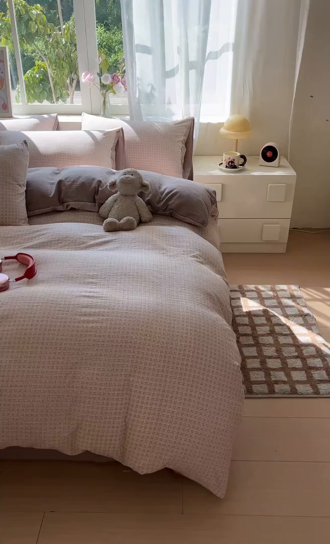 91家纺网 家纺一手货源 找家纺 如约 2025新款木棉双层纱印花四件套 往事咖