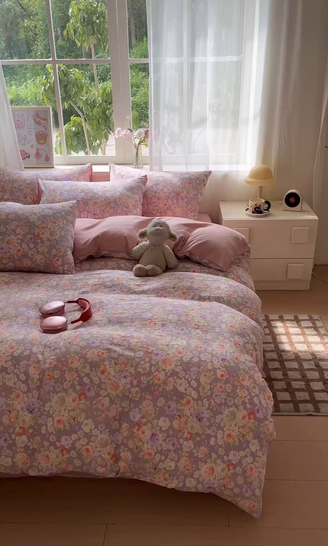 91家纺网 家纺一手货源 找家纺 如约 2025新款木棉双层纱印花四件套 朝颜