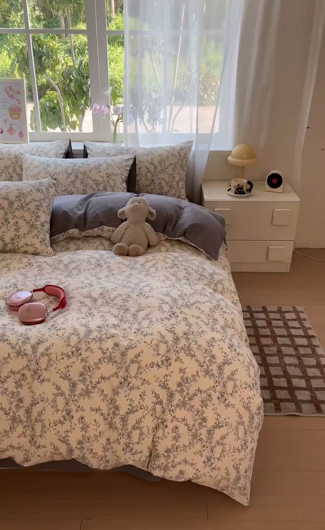 91家纺网 家纺一手货源 找家纺 如约 2025新款木棉双层纱印花四件套 写意兰