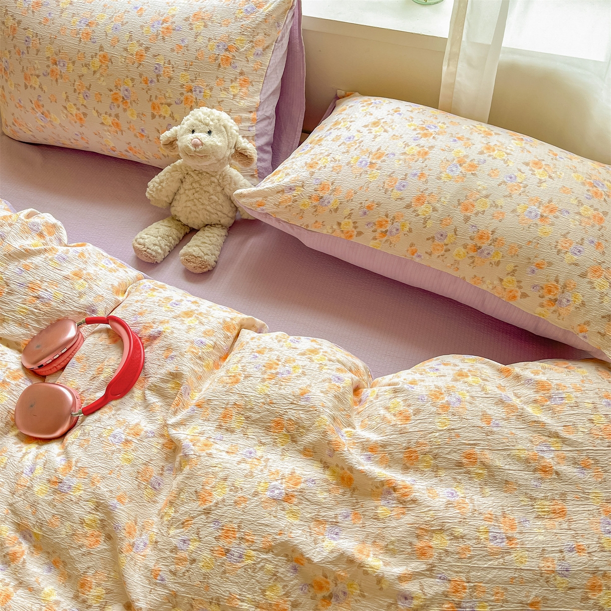 91家纺网 家纺一手货源 找家纺 如约 2025新款木棉双层纱印花四件套 露华浓