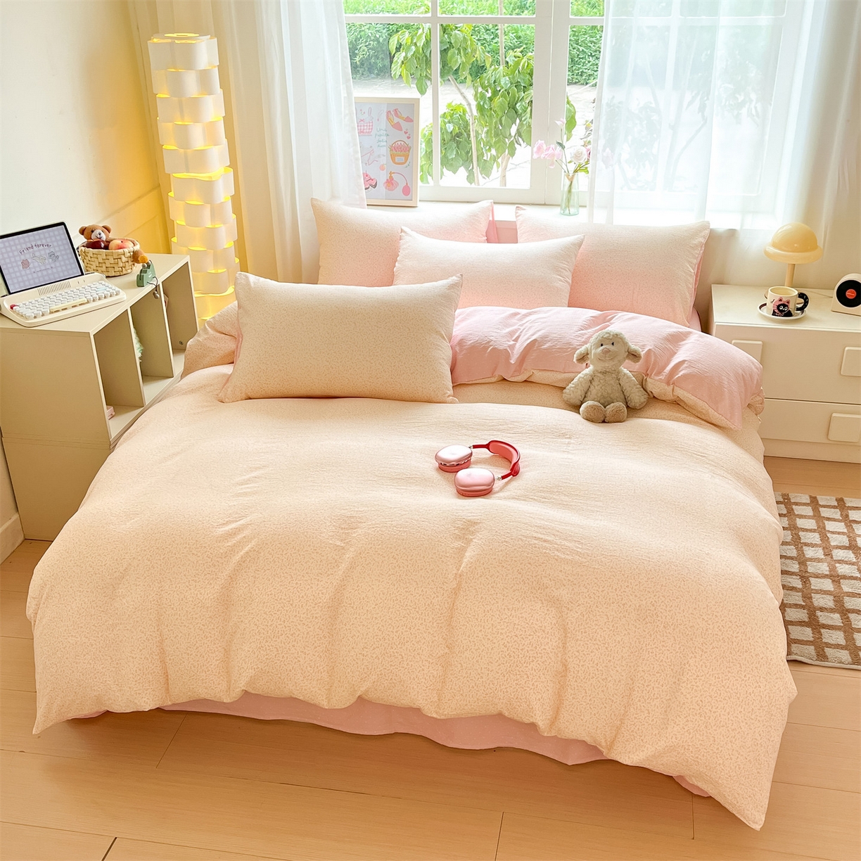 91家纺网 家纺一手货源 找家纺 如约 2025新款木棉双层纱印花四件套 小花蔷薇粉