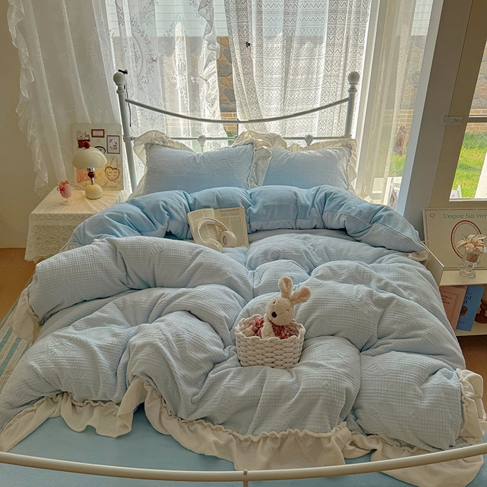 91家纺网 家纺一手货源 找家纺 （总）捌月 2025新款奶油风法式大花边雕花牛奶绒四件套