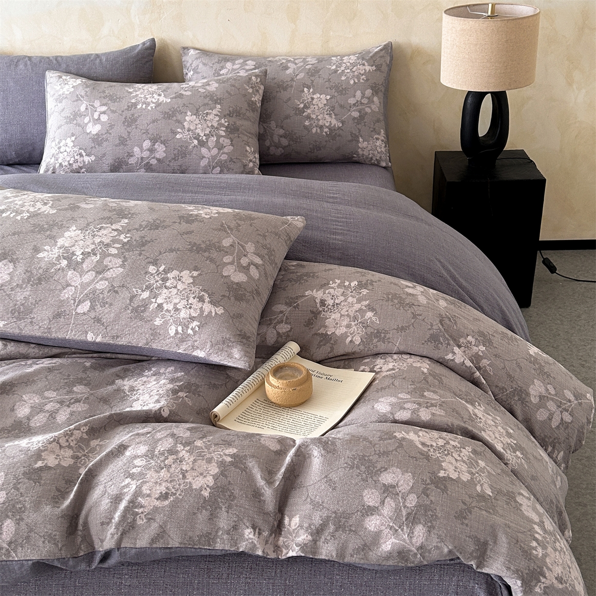 91家纺网 家纺一手货源 找家纺 如约 2025新款A类亲肤水洗原麻印花四件套 可颂灰