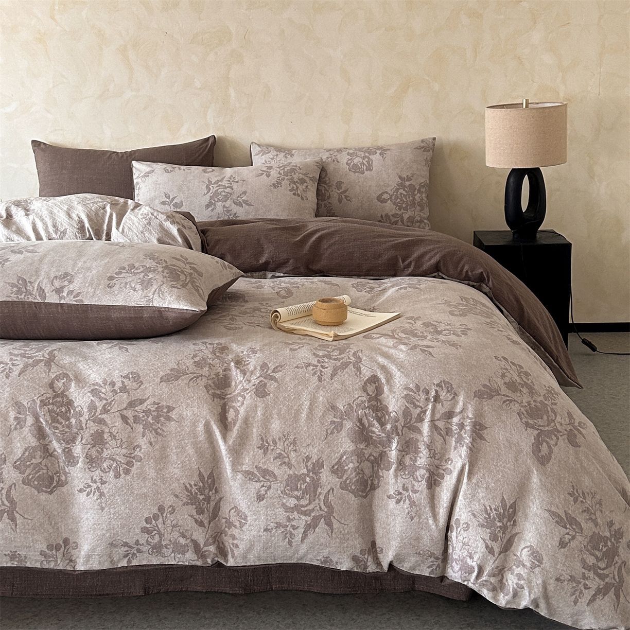 如约 2025新款A类亲肤水洗原麻印花四件套 风木槿咖