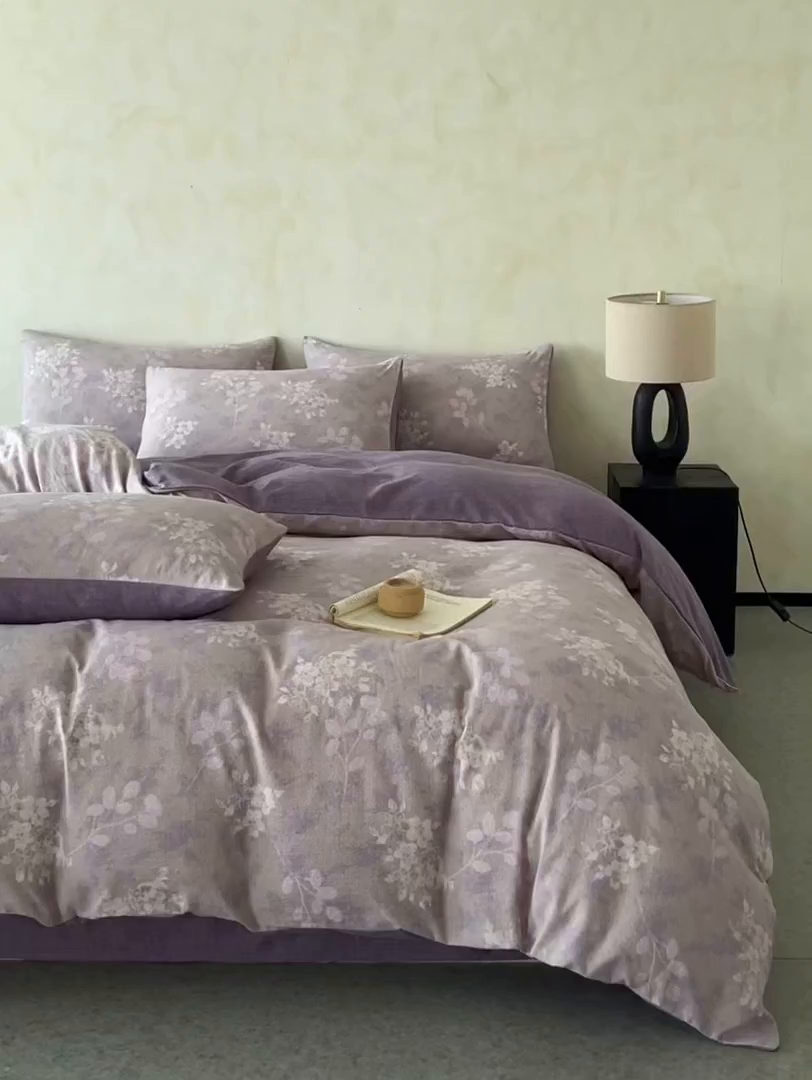 91家纺网 家纺一手货源 找家纺 如约 2025新款A类亲肤水洗原麻印花四件套 可颂灰