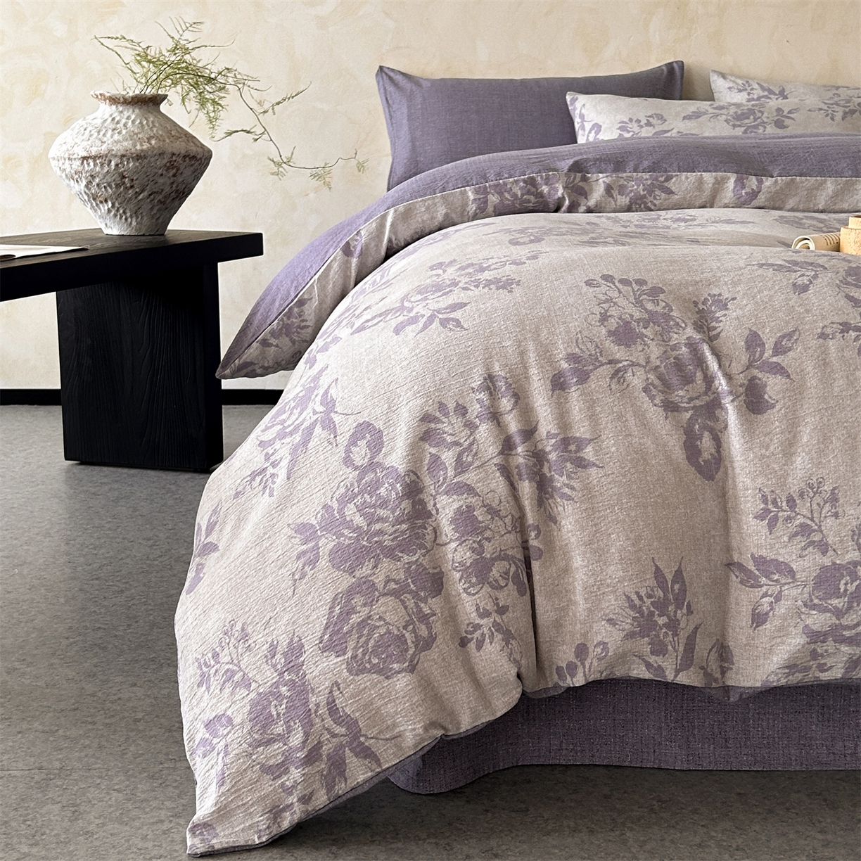 91家纺网 家纺一手货源 找家纺 如约 2025新款A类亲肤水洗原麻印花四件套 风木槿紫