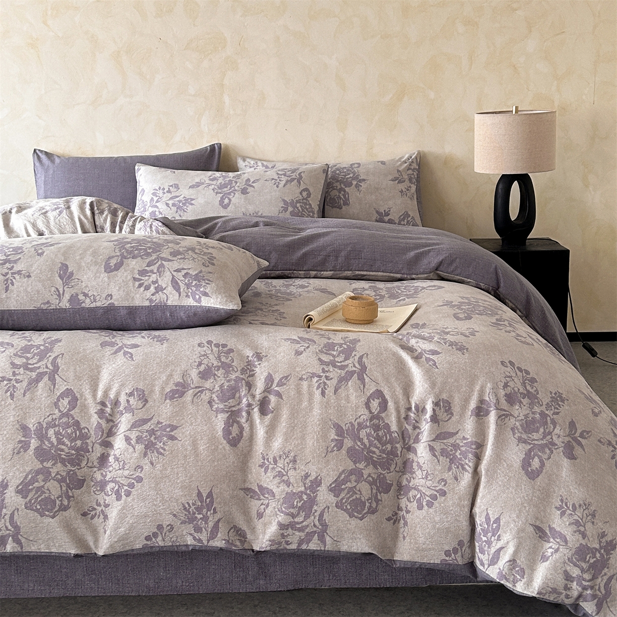 91家纺网 家纺一手货源 找家纺 如约 2025新款A类亲肤水洗原麻印花四件套 风木槿紫