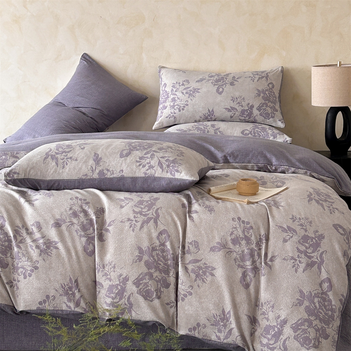 91家纺网 家纺一手货源 找家纺 如约 2025新款A类亲肤水洗原麻印花四件套 风木槿紫