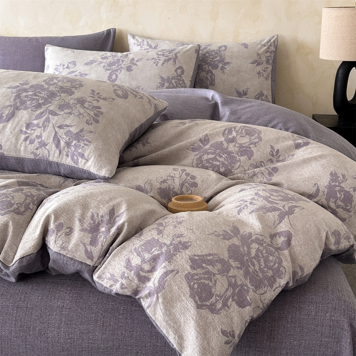 91家纺网 家纺一手货源 找家纺 如约 2025新款A类亲肤水洗原麻印花四件套 风木槿紫