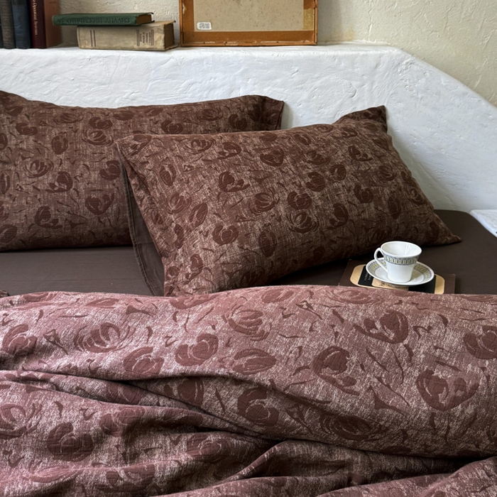 91家纺网 家纺一手货源 找家纺 山舍家居 2025新款全棉纯棉色织提花四件套-雾璃 雾璃-咖