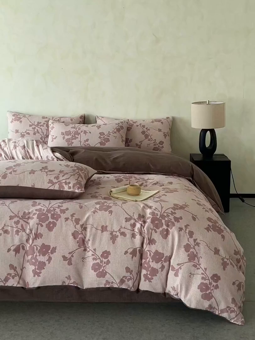 91家纺网 家纺一手货源 找家纺 如约 2025新款A类亲肤水洗原麻印花四件套 俏颜