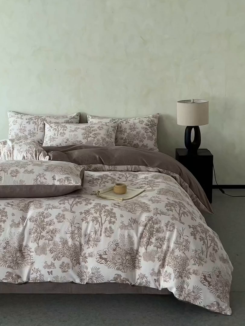 91家纺网 家纺一手货源 找家纺 如约 2025新款A类亲肤水洗原麻印花四件套 迪奥咖