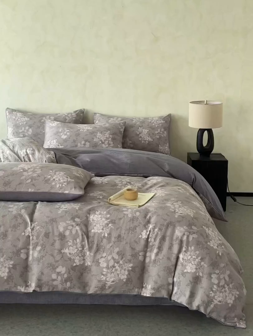 91家纺网 家纺一手货源 找家纺 如约 2025新款A类亲肤水洗原麻印花四件套 可颂咖