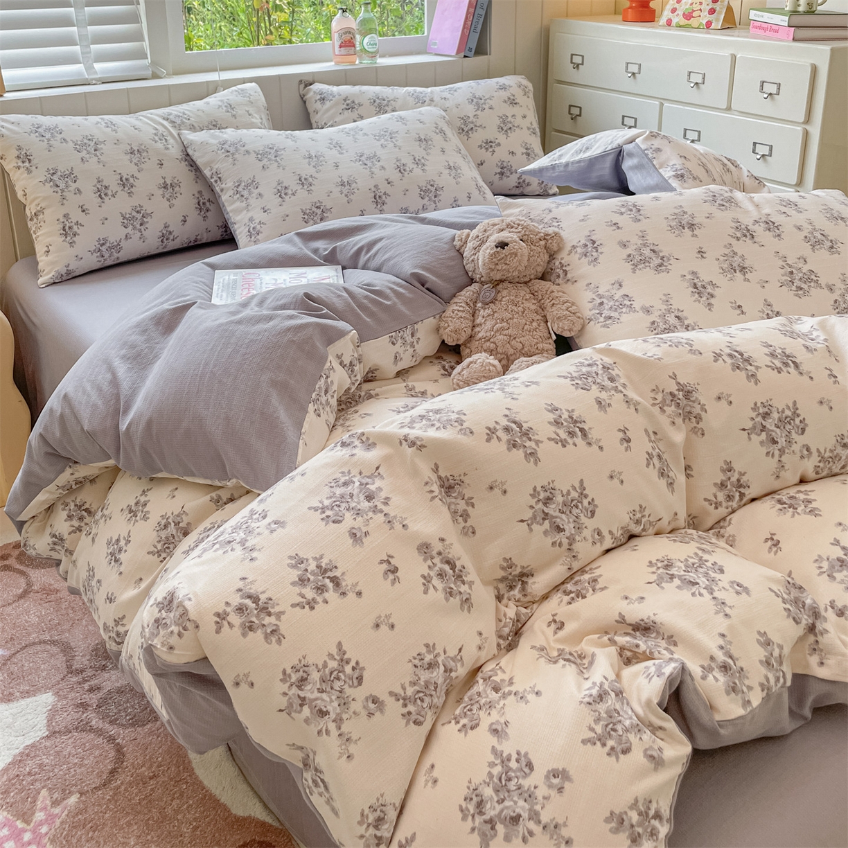 91家纺网 家纺一手货源 找家纺 如约 2025秋冬新款A类亲肤棉印花套件 莫兰灰