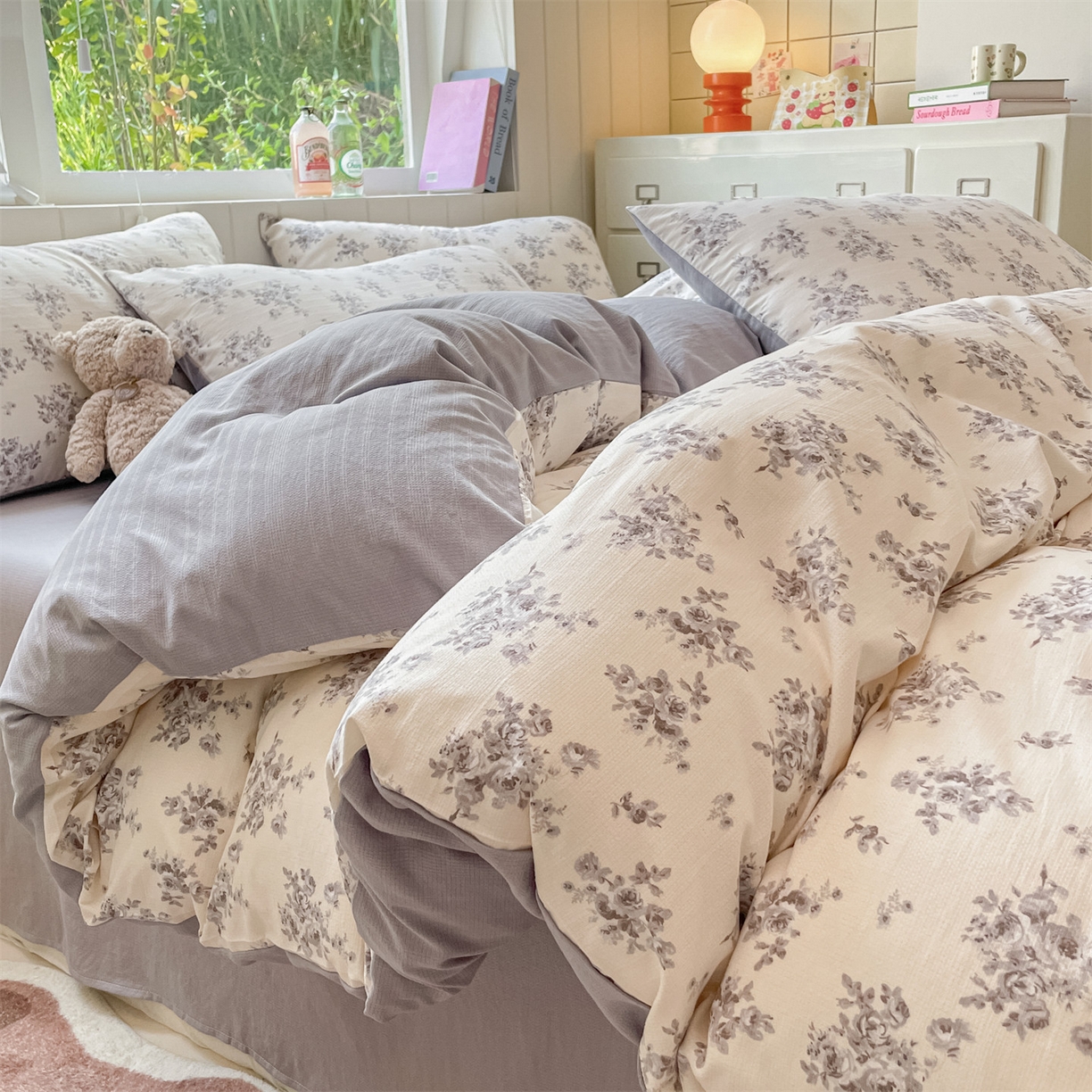 91家纺网 家纺一手货源 找家纺 如约 2025秋冬新款A类亲肤棉印花套件 莫兰灰