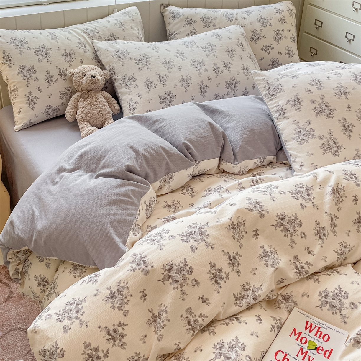 91家纺网 家纺一手货源 找家纺 如约 2025秋冬新款A类亲肤棉印花套件 莫兰灰