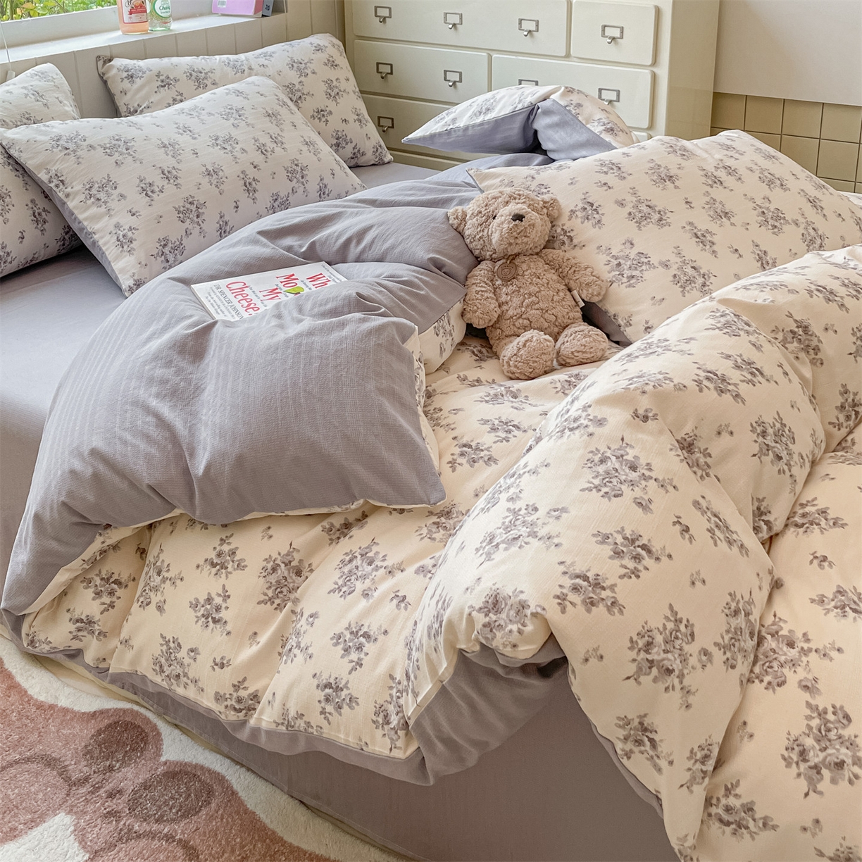 91家纺网 家纺一手货源 找家纺 如约 2025秋冬新款A类亲肤棉印花套件 莫兰灰