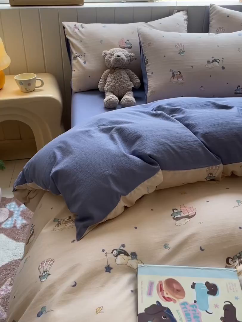 91家纺网 家纺一手货源 找家纺 如约 2025秋冬新款A类亲肤棉印花套件 小企鹅