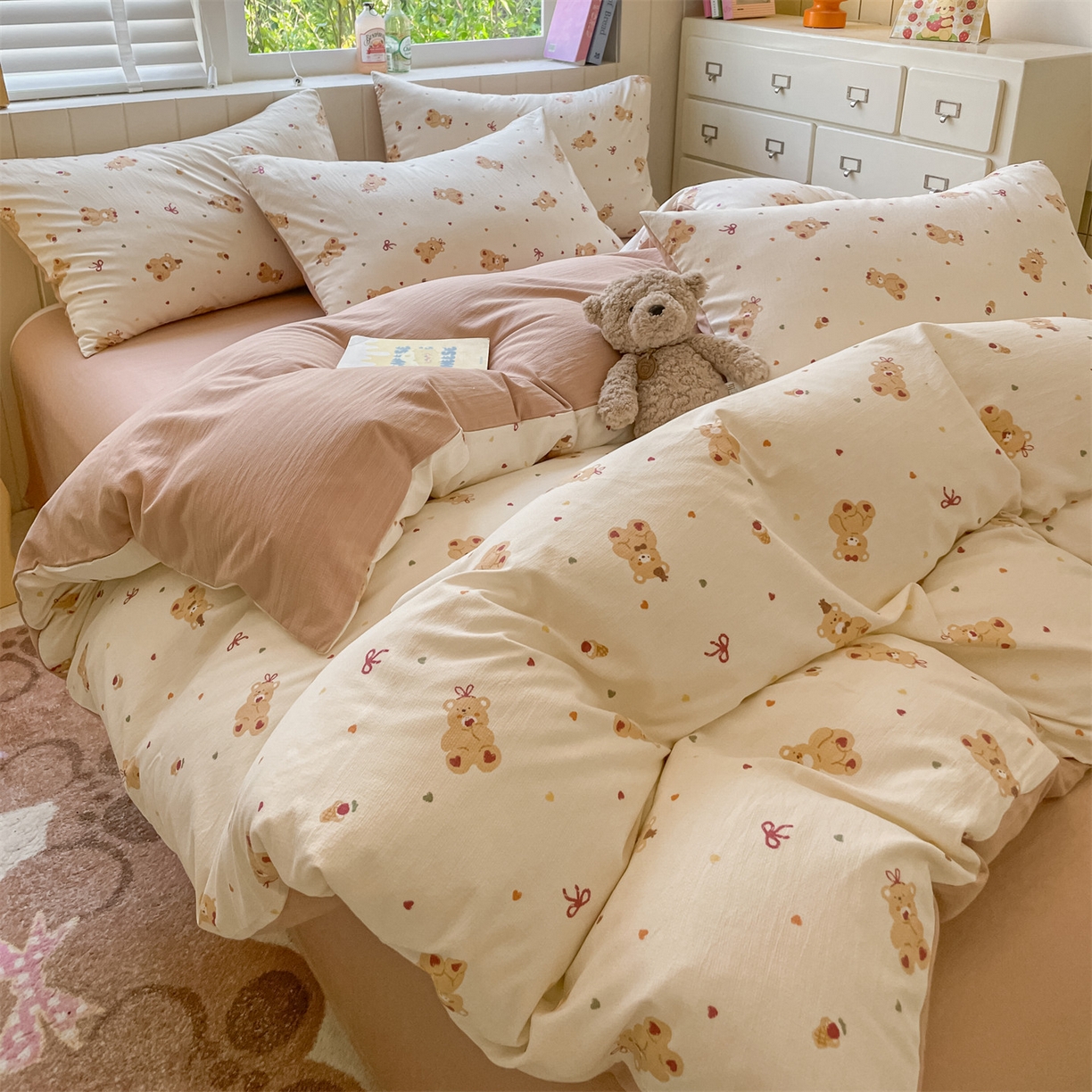 91家纺网 家纺一手货源 找家纺 如约 2025秋冬新款A类亲肤棉印花套件 松糕熊