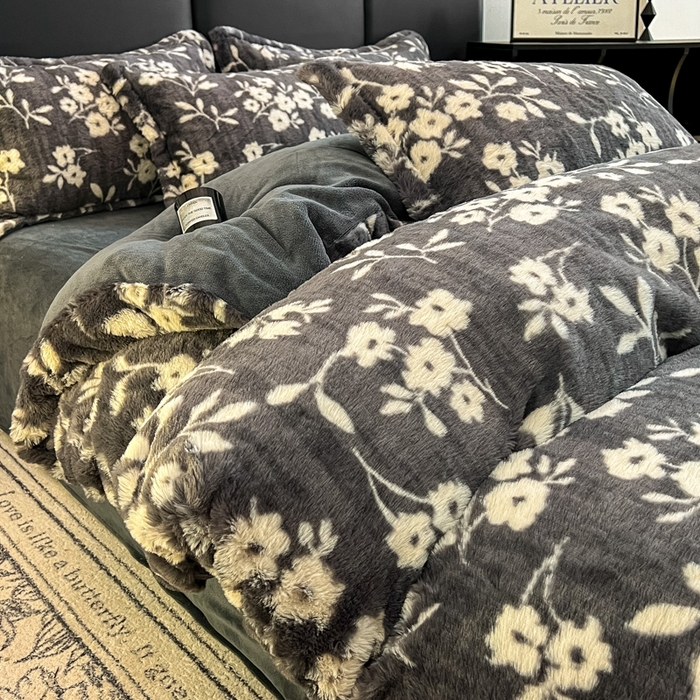 典曼家纺 2025新款亲肤舒适兔毛绒四件套 山茶花-灰