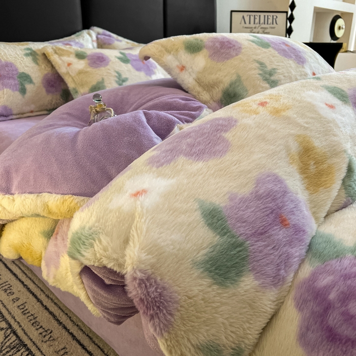 91家纺网 家纺一手货源 找家纺 典曼家纺 2025新款亲肤舒适兔毛绒四件套 紫色花语
