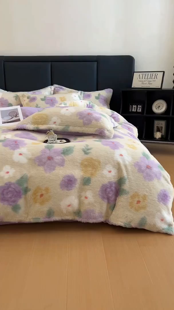 91家纺网 家纺一手货源 找家纺 典曼家纺 2025新款亲肤舒适兔毛绒四件套 紫色花语
