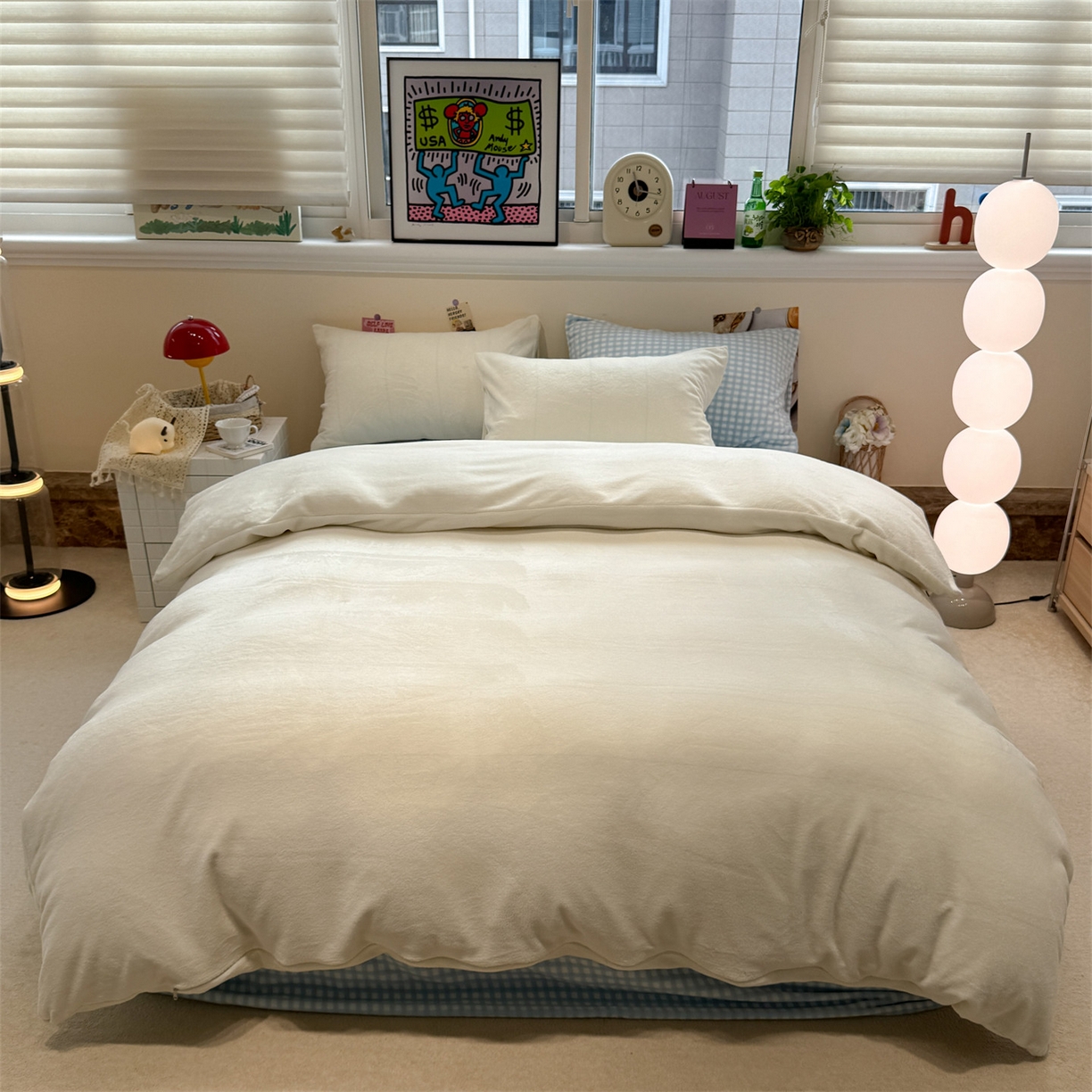 91家纺网 家纺一手货源 找家纺 （总）857家居 2025新款牛奶绒纯色拼格子四件套