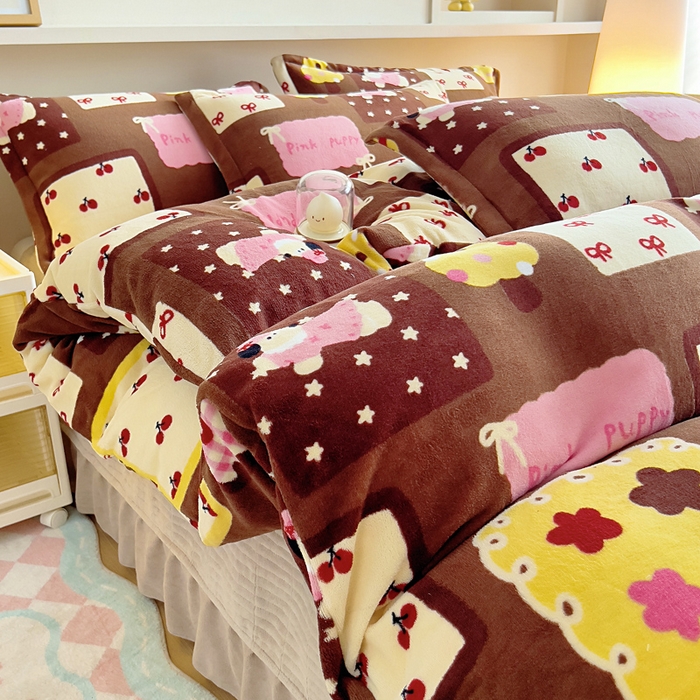 91家纺网 家纺一手货源 找家纺 找底底家纺 2025新款加厚床盖款双面绒A类印花款牛奶绒四件套（日销50单客户，在优惠5元） 巧克力布丁