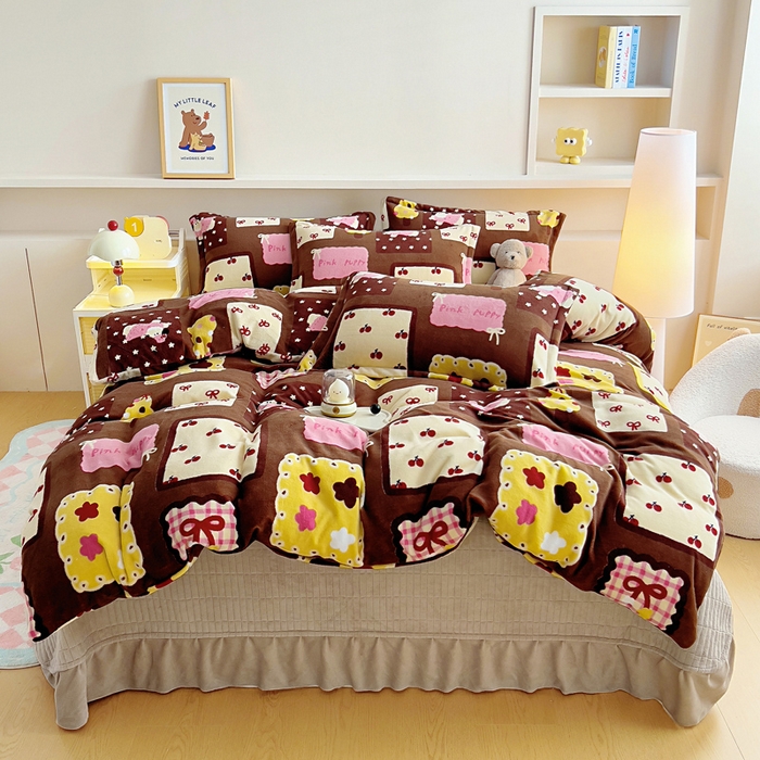 91家纺网 家纺一手货源 找家纺 找底底家纺 2025新款加厚床盖款双面绒A类印花款牛奶绒四件套（日销50单客户，在优惠5元） 巧克力布丁