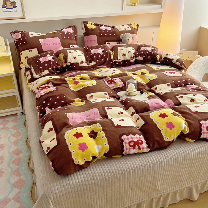 91家纺网 家纺一手货源 找家纺 找底底家纺 2025新款加厚床盖款双面绒A类印花款牛奶绒四件套（日销50单客户，在优惠5元） 巧克力布丁