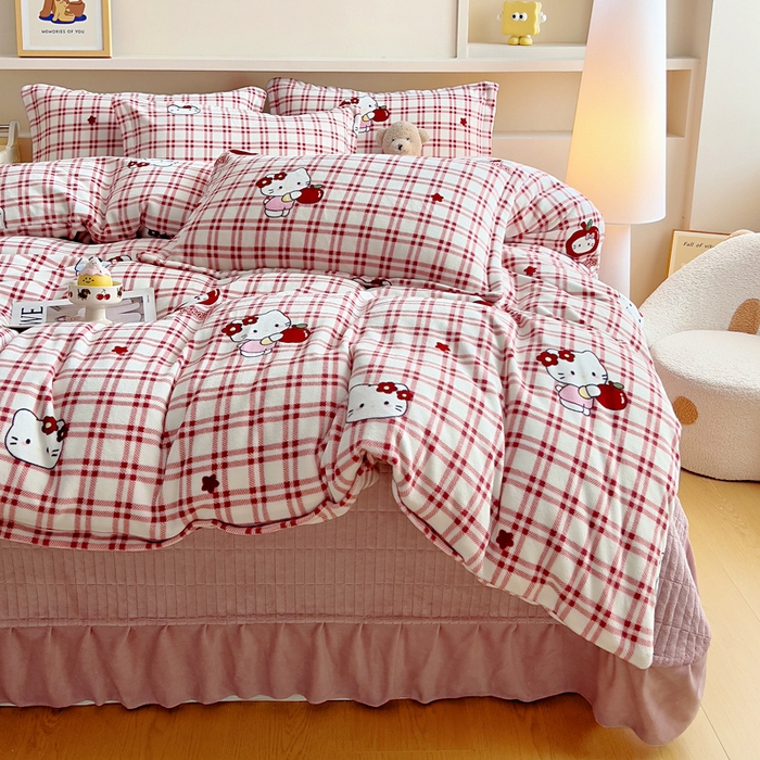 91家纺网 家纺一手货源 找家纺 找底底家纺 2025新款加厚床盖款双面绒A类印花款牛奶绒四件套（日销50单客户，在优惠5元） 红格苹果猫