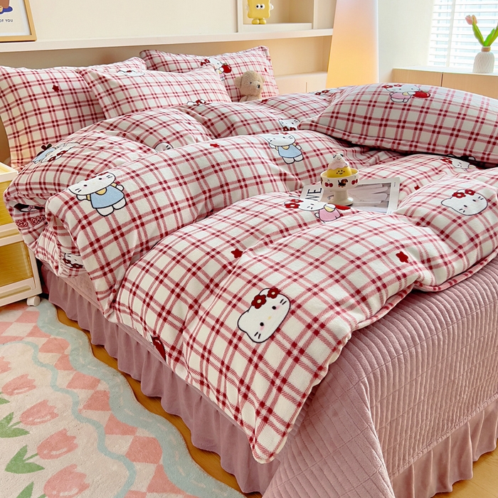 91家纺网 家纺一手货源 找家纺 找底底家纺 2025新款加厚床盖款双面绒A类印花款牛奶绒四件套（日销50单客户，在优惠5元） 红格苹果猫
