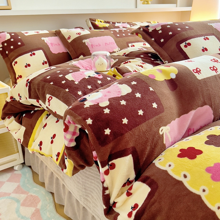 91家纺网 家纺一手货源 找家纺 找底底家纺 2025新款加厚床盖款双面绒A类印花款牛奶绒四件套（日销50单客户，在优惠5元） 巧克力布丁