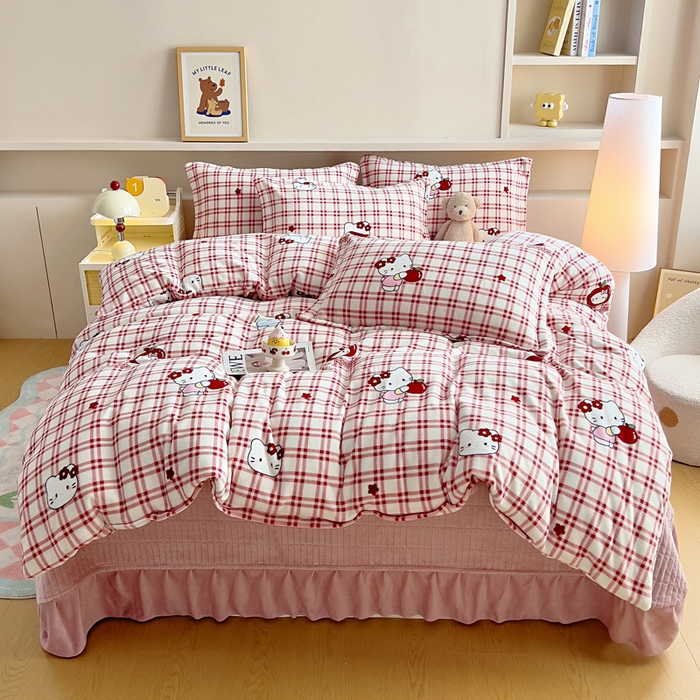 91家纺网 家纺一手货源 找家纺 找底底家纺 2025新款加厚床盖款双面绒A类印花款牛奶绒四件套（日销50单客户，在优惠5元） 红格苹果猫