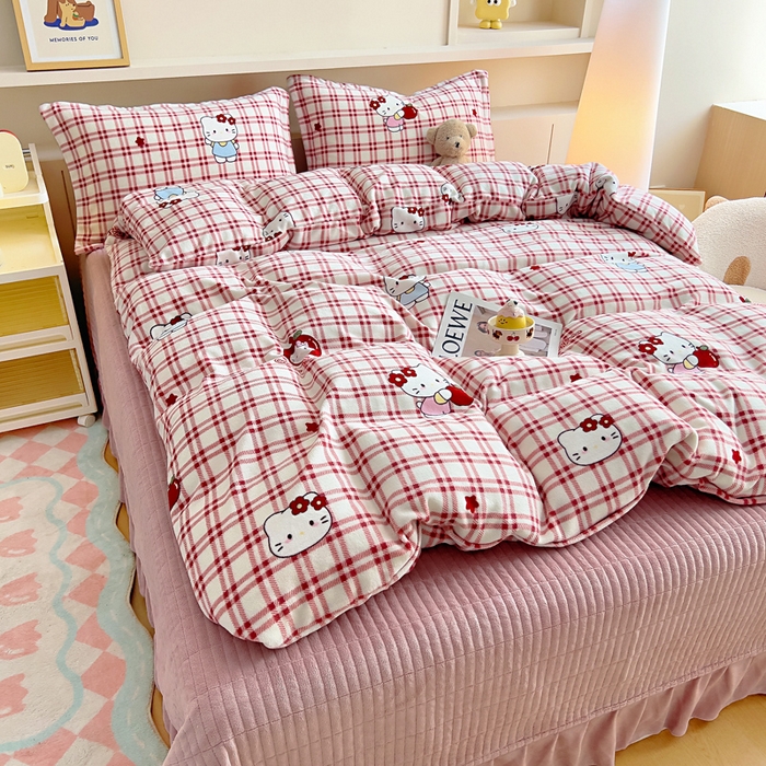 91家纺网 家纺一手货源 找家纺 找底底家纺 2025新款加厚床盖款双面绒A类印花款牛奶绒四件套（日销50单客户，在优惠5元） 红格苹果猫