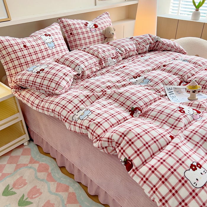 91家纺网 家纺一手货源 找家纺 找底底家纺 2025新款加厚床盖款双面绒A类印花款牛奶绒四件套（日销50单客户，在优惠5元） 红格苹果猫