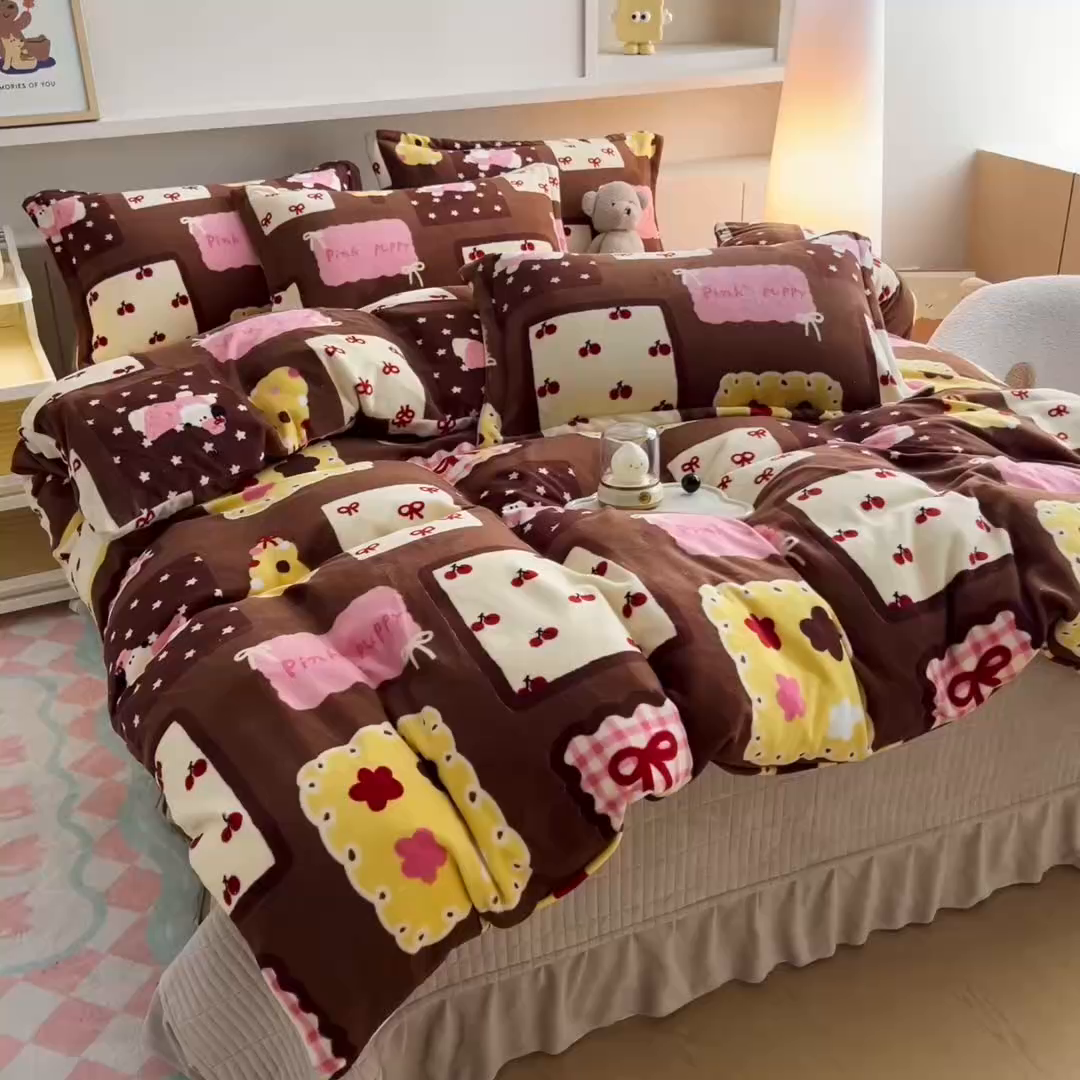 91家纺网 家纺一手货源 找家纺 找底底家纺 2025新款加厚床盖款双面绒A类印花款牛奶绒四件套（日销50单客户，在优惠5元） 巧克力布丁