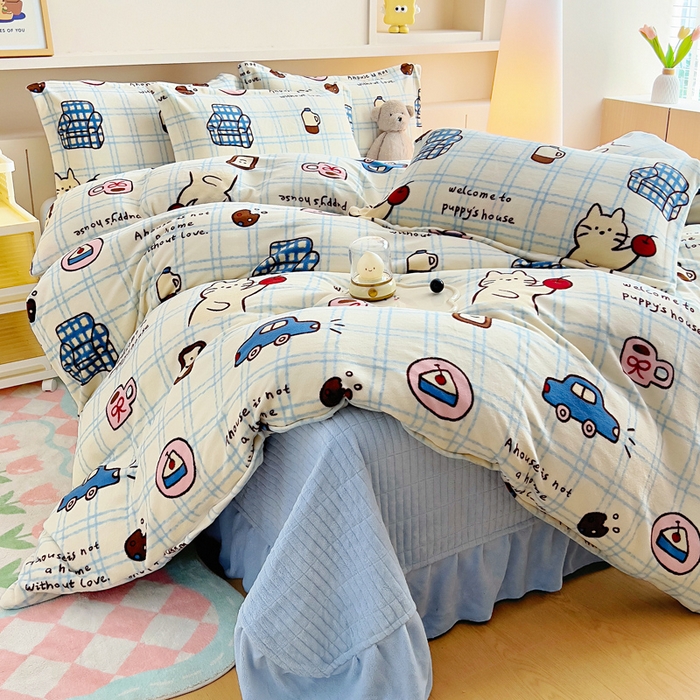 找底底家纺 2025新款加厚床盖款双面绒A类印花款牛奶绒四件套（日销50单客户，在优惠5元） 奶糖小镇