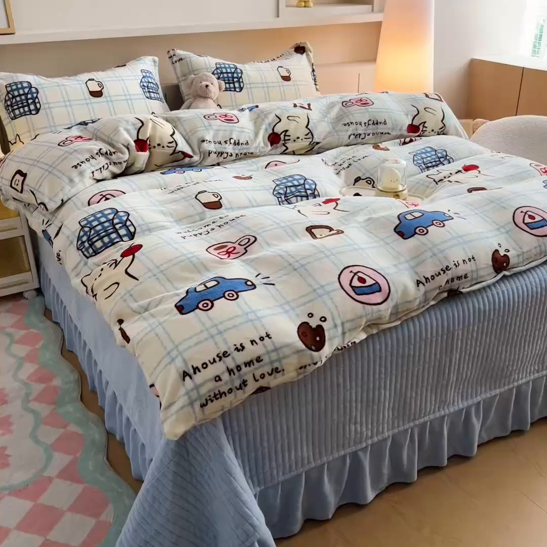 91家纺网 家纺一手货源 找家纺 找底底家纺 2025新款加厚床盖款双面绒A类印花款牛奶绒四件套（日销50单客户，在优惠5元） 奶糖小镇