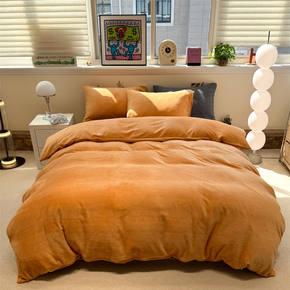 91家纺网 家纺一手货源 找家纺 857家居 2025新款牛奶绒纯色拼格子四件套 深海珊瑚