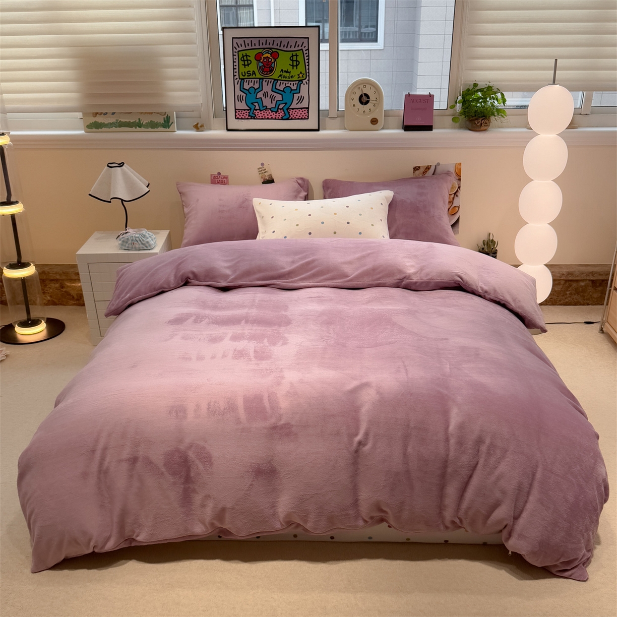 91家纺网 家纺一手货源 找家纺 857家居 2025新款牛奶绒纯色拼格子四件套 芋泥波波