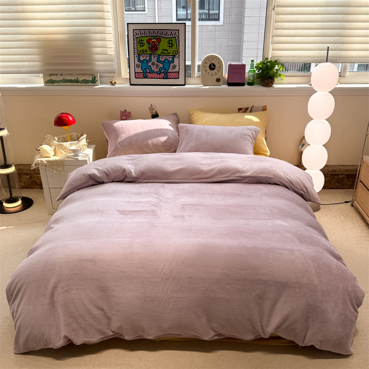 91家纺网 家纺一手货源 找家纺 857家居 2025新款牛奶绒纯色拼格子四件套 芋泥奶酪