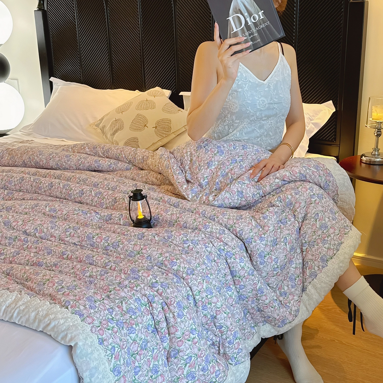 91家纺网 家纺一手货源 找家纺 兜米家居 2025新款法式全棉花边针织春秋被四季被子被芯 花仙子