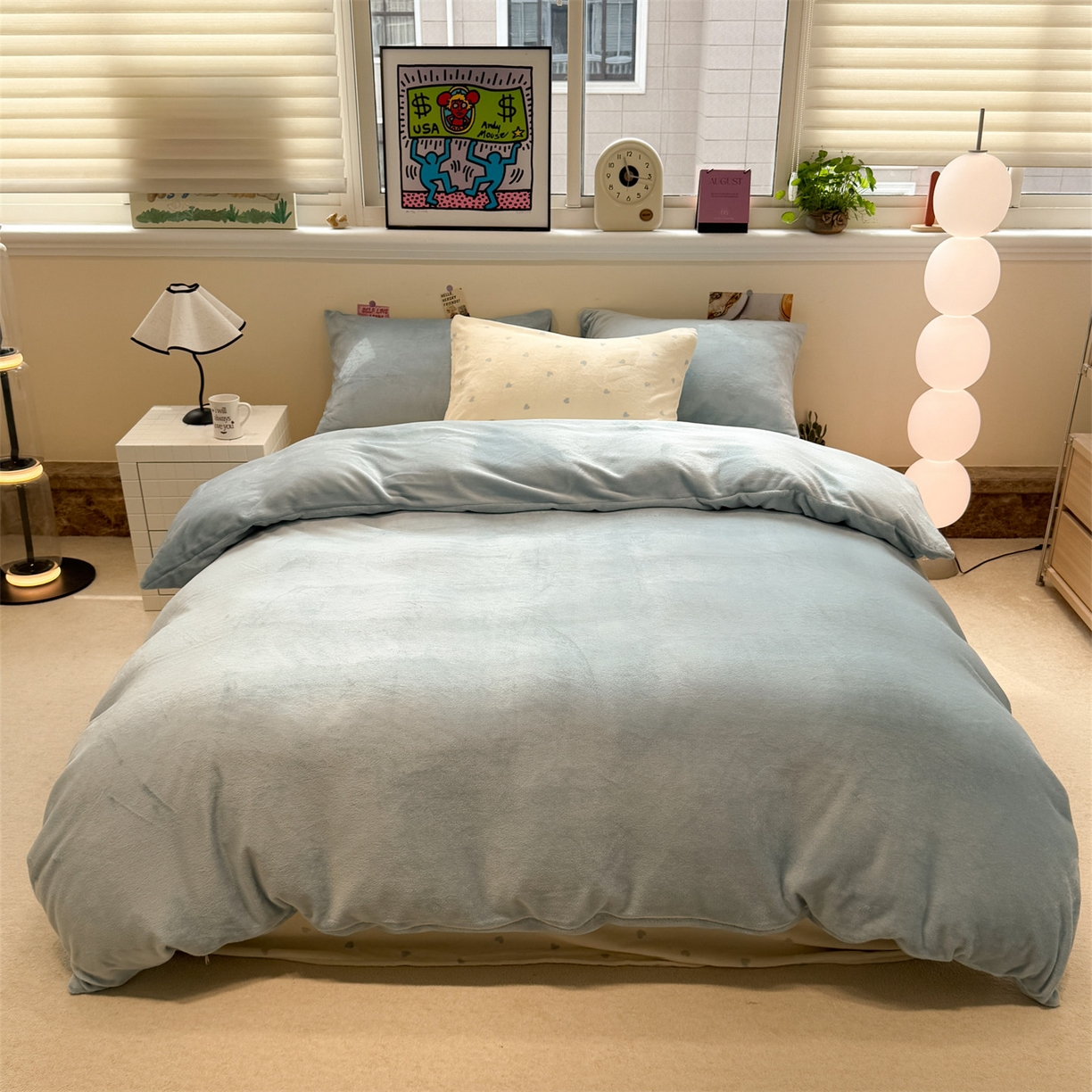 857家居 2025新款牛奶绒纯色拼格子四件套 奶酪云朵