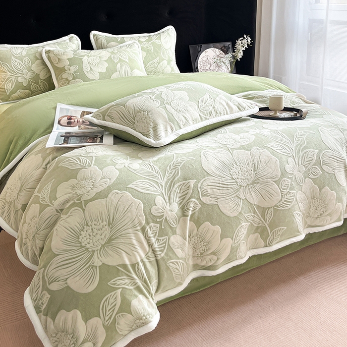 91家纺网 家纺一手货源 找家纺 诺梵 2025新款8斤立体雕花牛奶绒四件套_控价标准高于139，加大高于149 花漾-绿