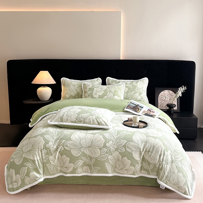 91家纺网 家纺一手货源 找家纺 诺梵 2025新款8斤立体雕花牛奶绒四件套_控价标准高于139，加大高于149 花漾-绿