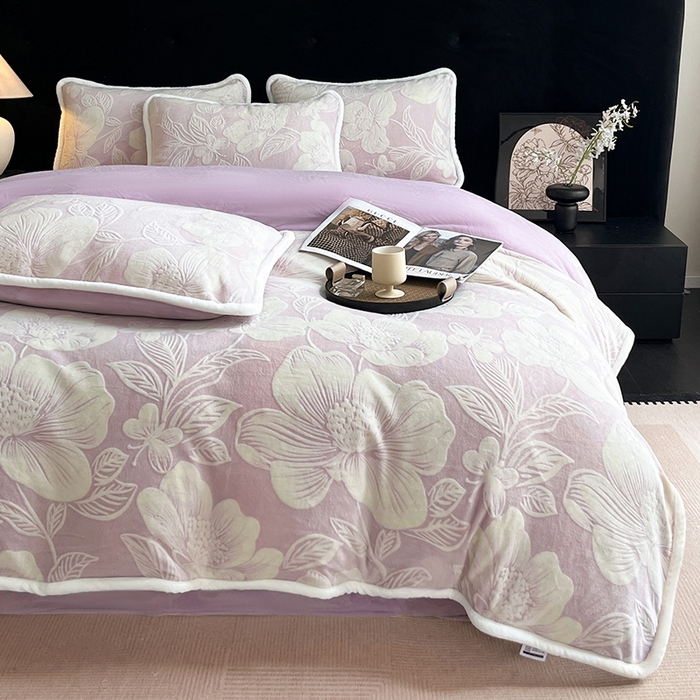 91家纺网 家纺一手货源 找家纺 诺梵 2025新款8斤立体雕花牛奶绒四件套_控价标准高于139，加大高于149 花漾-紫