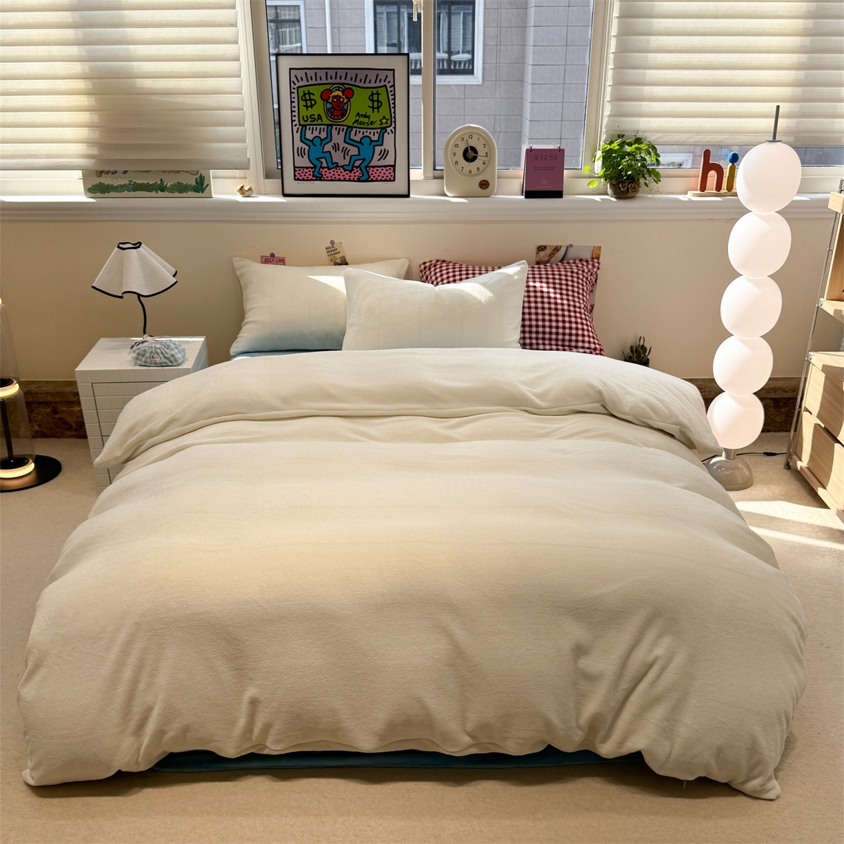 857家居 2025新款牛奶绒纯色拼格子四件套 天空之镜