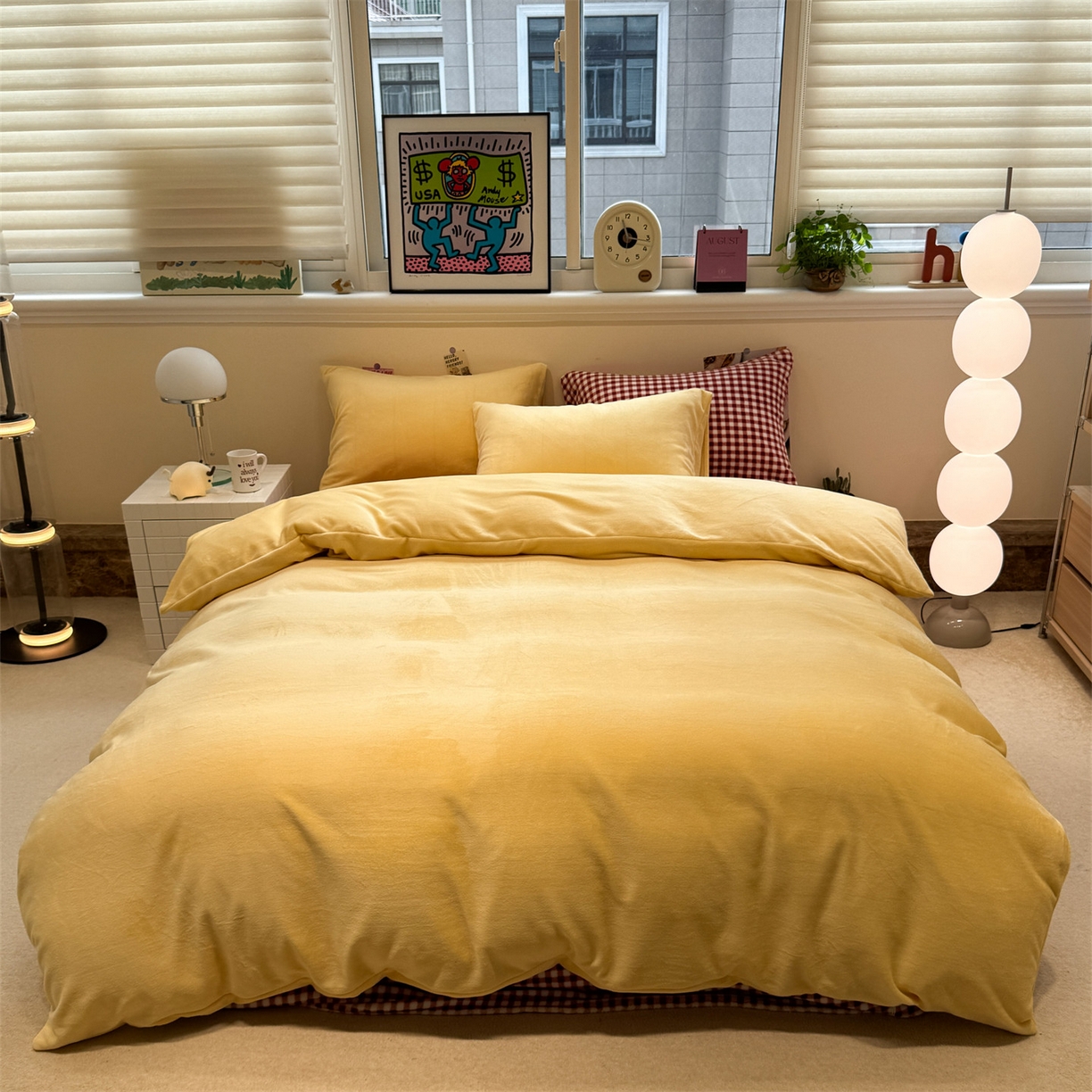 857家居 2025新款牛奶绒纯色拼格子四件套 榛果热巧