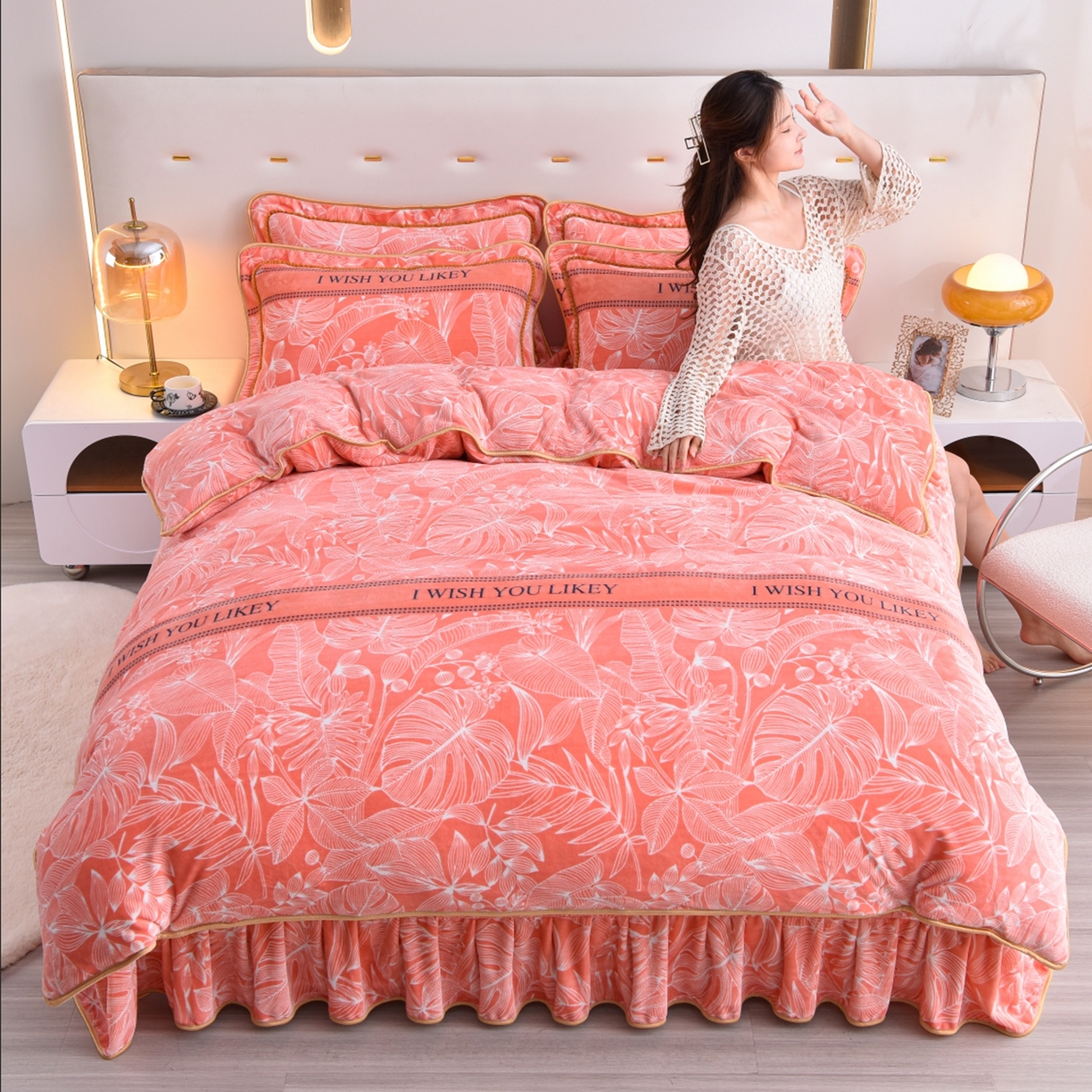 91家纺网 家纺一手货源 找家纺 羽梦2025新款8.5斤牛奶法莱绒金貂法兰绒四件套直播爆款 暖暖时光